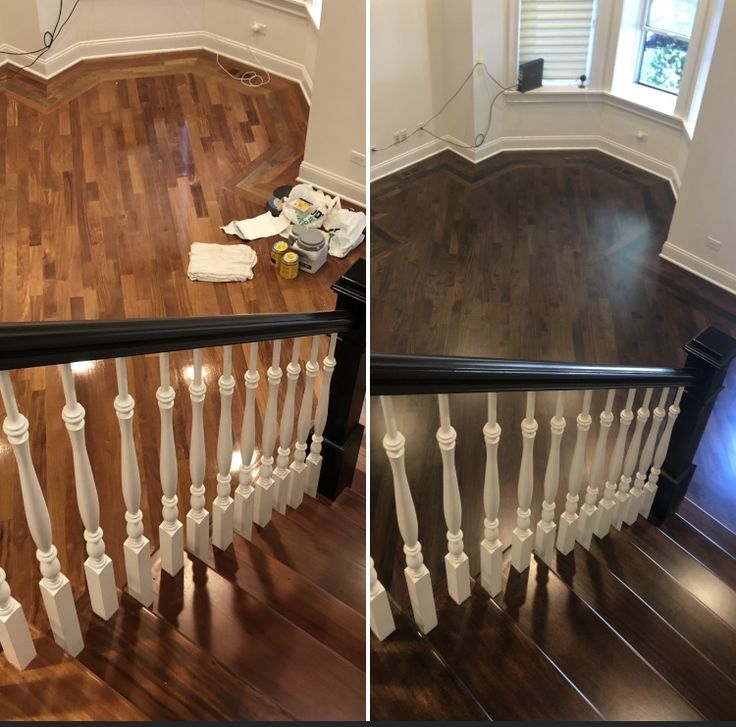 two pictures of a staircase with white railings and wood flooring