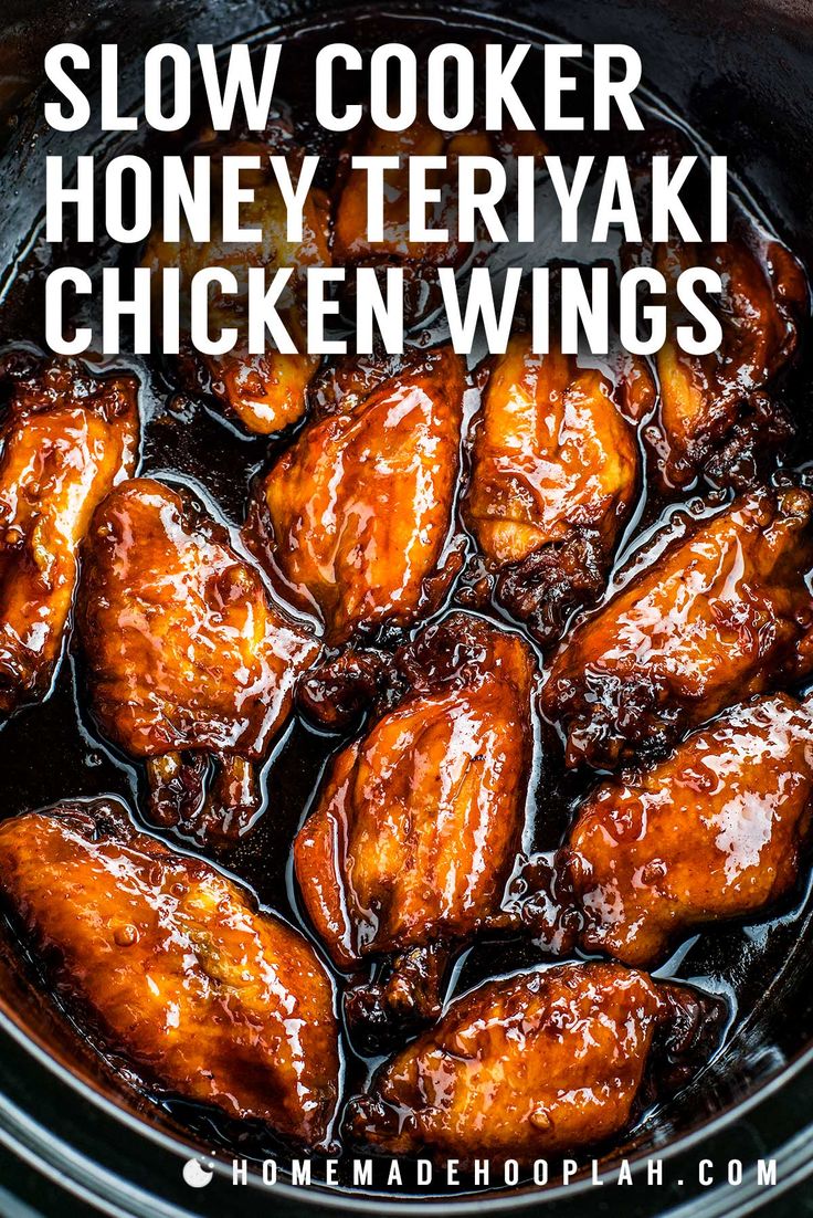 slow cooker honey teriyaki chicken wings in a crock pot with text overlay