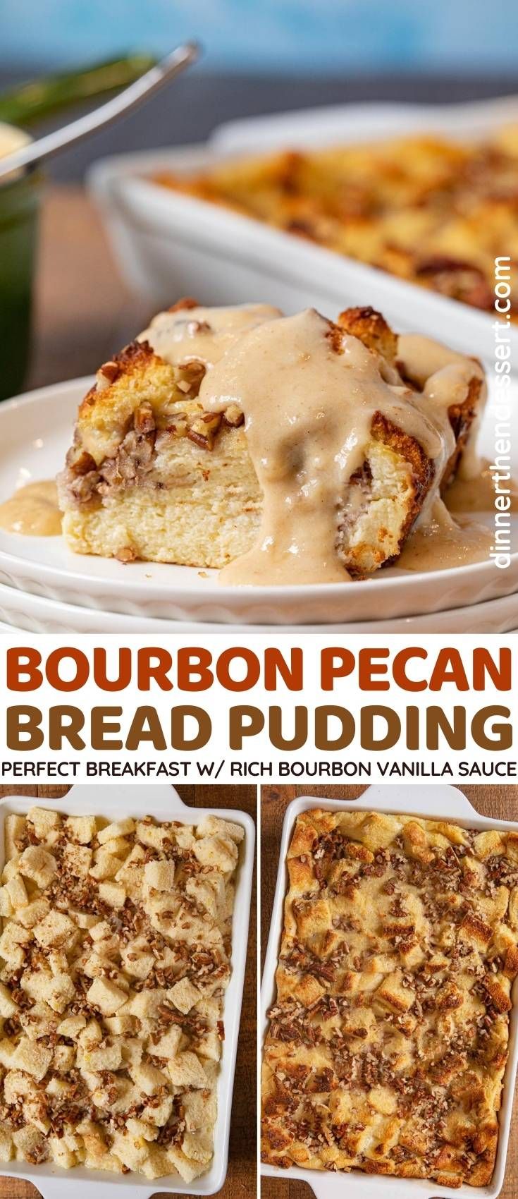 bourbon pecan bread pudding recipe on a white plate