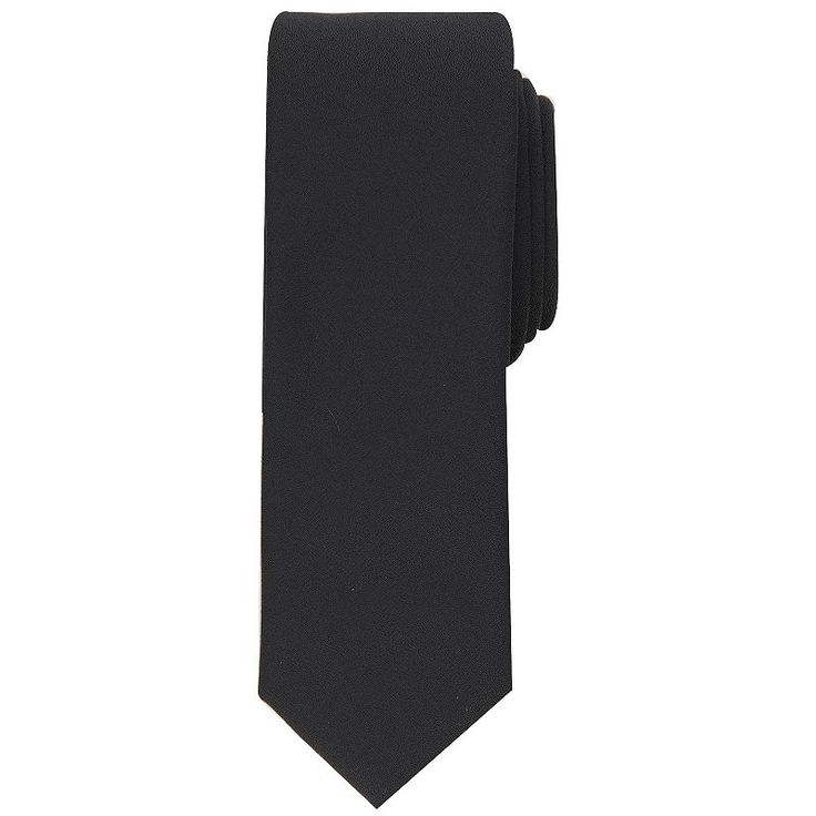 Showcase your sense of style with this men's black skinny tie. Showcase your sense of style with this men's black skinny tie. Watch now for simple tie-tying tips. Solid design 2-inches wide Narrow width complements slim, modern dress apparelFABRIC & CARE Polyester Spot clean only Imported Size: One Size. Gender: male. Age Group: adult. Professional Fitted Ties, Modern Fitted Ties For Formal Occasions, Fitted Standard Tie For Black Tie Events, Fitted Tie For Black Tie Events, Modern Fitted Suit And Tie Accessories For Business, Modern Fitted Suit And Tie Accessories For Formal Occasions, Semi-formal Black Suit And Tie Accessories, Elegant Black Suit And Tie Accessories For Office, Classic Black Suit And Tie Accessories For Formal Occasions