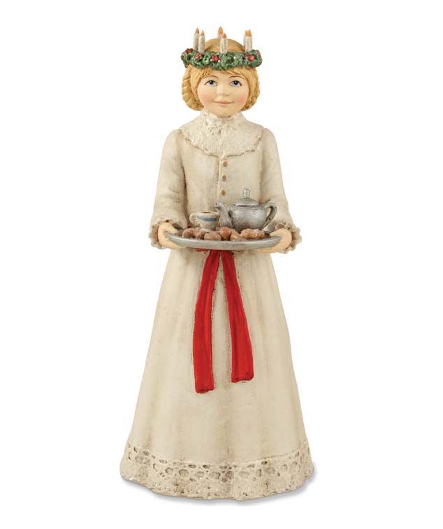 a figurine is holding a tray with food on it