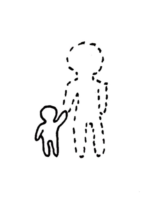 a black and white drawing of a person holding a child's hand