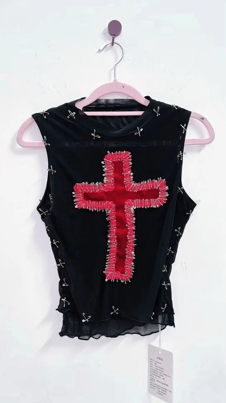 Grunge Cross Tank Top – Juneptune Punk Style Stretch Tops For Music Festival, Gothic Sleeveless Tops For Festivals, Fitted Punk Tops For Music Festival, Punk Style Fitted Top For Music Festival, Gothic Tops For Summer Festivals, Fitted Punk Style Tops For Festival, Punk Sleeveless Party Top, Red Punk Party Tops, Red Gothic Sleeveless Top