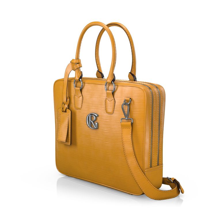 a yellow handbag with two handles and straps on the front, sitting upright against a white background