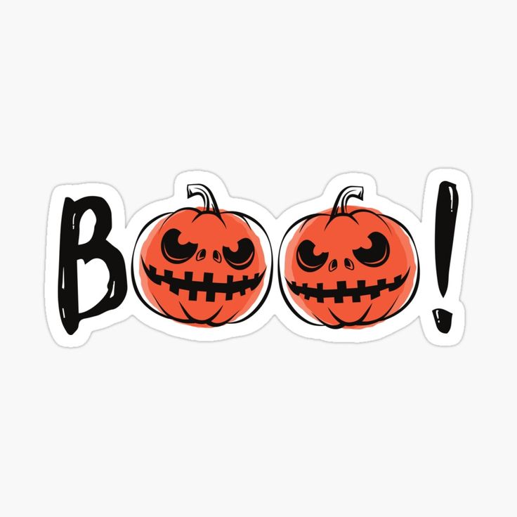 two pumpkins with faces and the word boo written in black on a white background