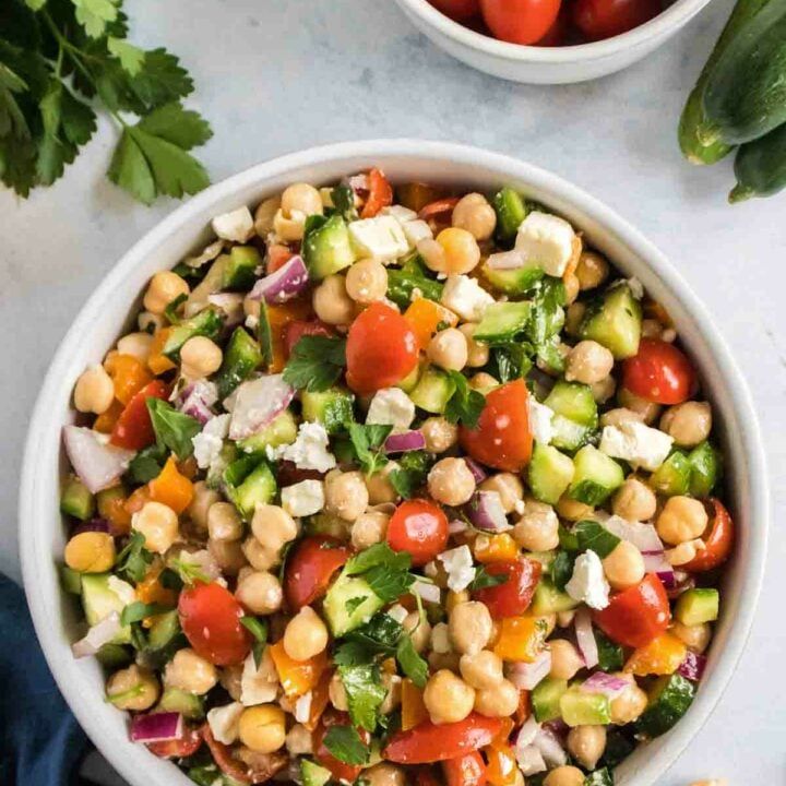 a white bowl filled with chickpea salad