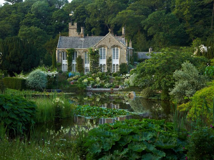 a large house sitting next to a lush green forest filled with lots of trees and bushes