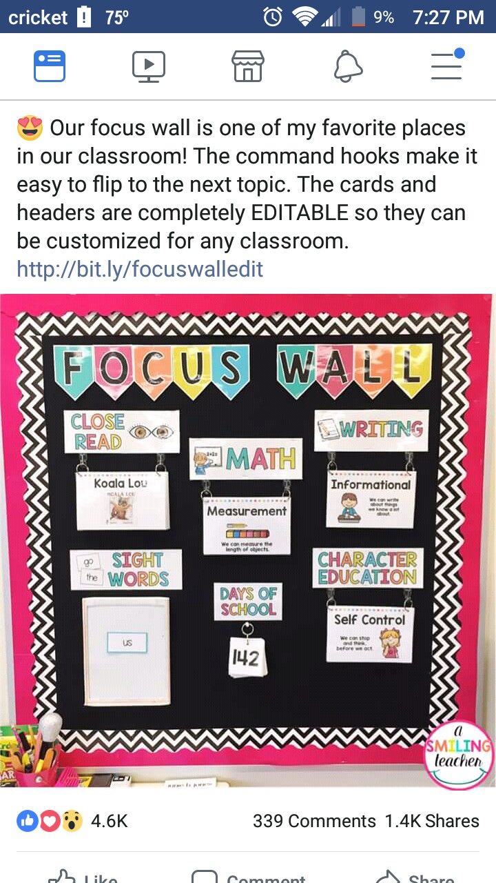 a bulletin board with pictures on it and the words focus wall written in different colors