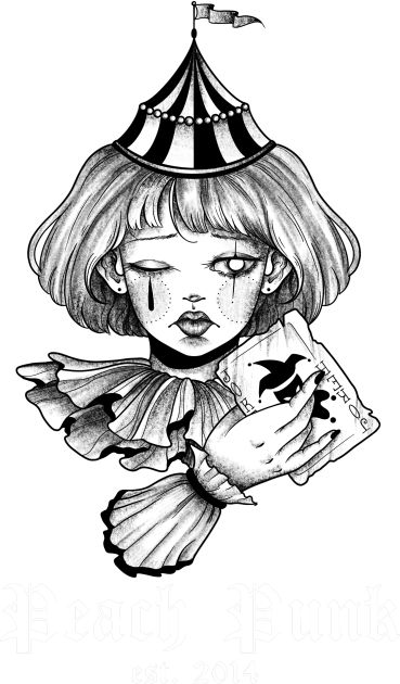 a black and white drawing of a girl wearing a birthday hat with a bird on it