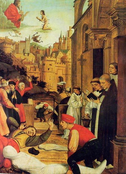 an image of a painting with people in the street and one man laying on the ground