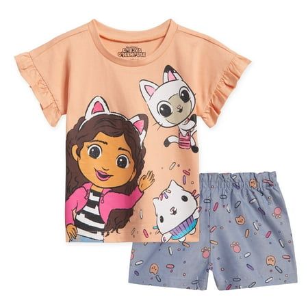 Your little girl is ready to join Gabby on her fun dollhouse adventures! This stylish short sleeve tee and shorts set features pretty ruffle sleeves and colorful artwork of Gabby, Pandy Paws and Cakey with a cute sprinkle design. Made of a soft material that keeps your child comfortable all day long, this fashionable Gabby's Dollhouse outfit is the spring and summer essential your kid will love to wear! Size: 6.  Color: Multicolor.  Gender: female.  Age Group: kids. Pandy Paws, Character Artwork, Toddler Girl Shorts, Shorts Outfit, Girls Fleece, Soft Clothes, Colorful Artwork, Girls T Shirt, Kids Outfits Girls