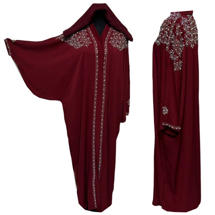 Women's Burgundy Open Front Luxury Abaya Burka Jilbab. As a result, comes in original plastic wrap with Hijab included. Beautiful material with a premium feel. Exclusive new design Abaya.      Fabric: zoom  style batwing   colour - burgundy   Suitable for easy iron.   Do not tumble dry.  Abayas are known by many name such as modest Islamic clothing, jilbab, jalabiya Arab rob, long dress, Muslim clothing, Kimonos turkey abaya, Dubai abaya, plain abaya, prayer abaya, hijab . However, they serve th Abaya Fabric, Luxury Abaya, Habits Musulmans, Design Abaya, Dubai Abaya, Muslim Outfits, Islamic Clothing, Plastic Wrap, Kimonos