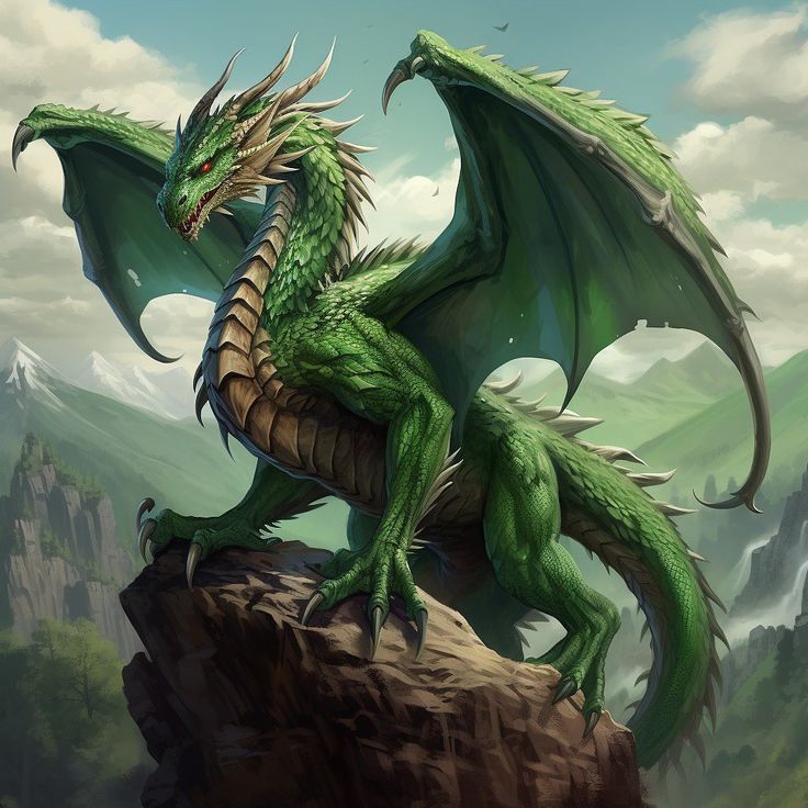 a green dragon sitting on top of a rock