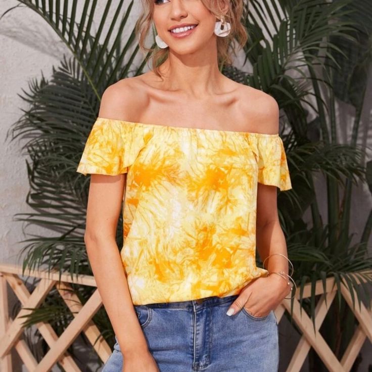 Shein Adorable Tie Dye Prihnt Off Shoulder Blouse /Top Size X-Small Bust - 42", Length (Straight Down Middle/Front) - 20" 100% Polyester Yellow, Gold & White Tie Dye Print Super Lightweight! Nice & Comfy!!! Fabulous!!!!!! (Would Be Great With White Shorts, Pants, Jeans Or Capris!) New In Package! Bundle Up Items And Save Money On Shipping!!!! Trendy Yellow Top For Vacation, Trendy Yellow Summer Tops, Yellow Casual Summer Tops, Casual Yellow Summer Tops, Chic Yellow Short Sleeve Tops, Trendy Yellow Beach Blouse, Trendy Yellow Short Sleeve Blouse, Yellow Tops For Spring Vacation, Yellow Short Sleeve Tops For Summer