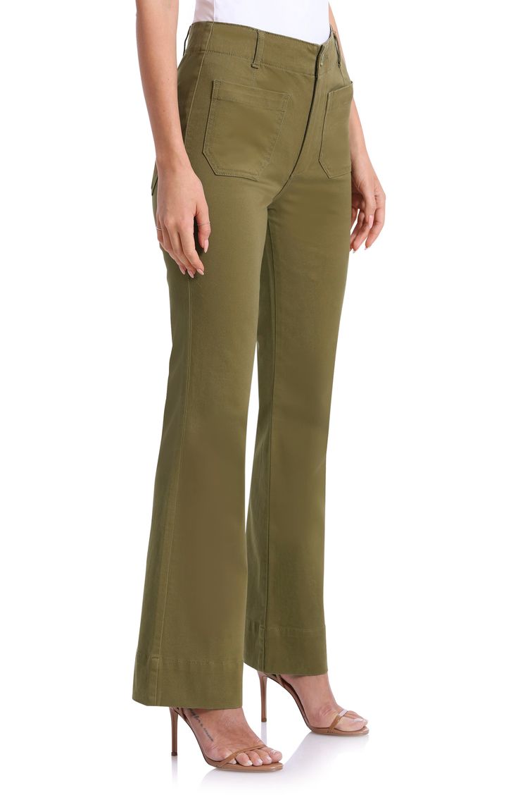 Twin patch pockets lend workwear-inspired style to kicky flared pants cut from stretch-kissed cotton for all-day comfort. 31 1/2" inseam; 21" leg opening; 14 1/2" front rise; 16" back rise Zip fly with button closure Front patch pockets; back patch pockets 97% cotton, 3% spandex Machine wash, tumble dry Imported Fall Cotton Flare Jeans With Pockets, Wide Leg Cotton Flare Jeans With Patch Pockets, Spring Fitted Flare Jeans With Patch Pockets, Fitted Wide Leg Pants With Patch Pockets, Wide-leg Flare Jeans With Welt Pockets, Workwear Flare Jeans With Welt Pockets, Fitted Wide Leg Cotton Pants With Welt Pockets, Fitted Cotton Wide Leg Pants With Welt Pockets, Fitted Cotton Wide Leg Pants With Pockets