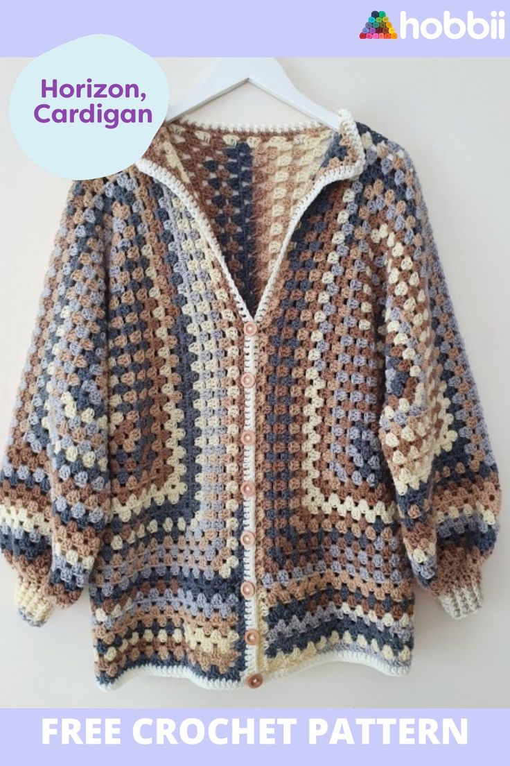 a crocheted jacket is hanging on a hanger with the text horizon, cardigan