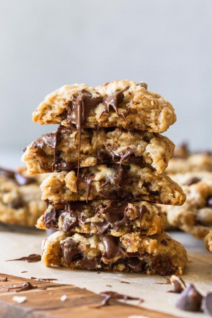 chocolate chip cookies stacked on top of each other