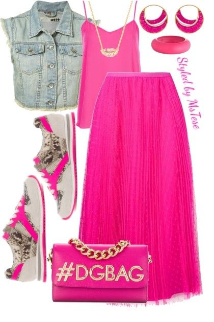 Hot+Pink+&+Casual+Cute from Tese - trendme.net Hot Pink Pleated Skirt Outfit, Pink Denim, Hot Pink Skirt Outfit, Hot Pink Outfit, Stylish Summer Outfits, Classy Casual Outfits, Glam Fashion, Street Style Chic, Cute Skirts