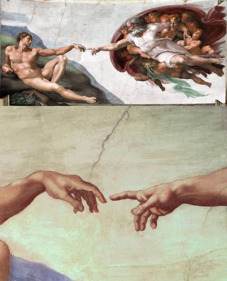 two pictures of hands touching each other in front of the creation of adam and eve