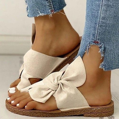 Category:Sandals; Upper Materials:Faux Leather; Embellishment:Bowknot; Season:Summer; Heel Type:Flat Heel; Gender:Women's; Toe Shape:Round Toe; Style:Sweet,Casual; Heel Height(inch):1-2; Occasion:Beach,Daily; Closure Type:Loafer; Pattern:Solid Colored; Production mode:Self-produce; 2022 Trends:Corkys Sandals,Puffy Sandals,Orthopedic Sandals Bunion Sandals; Foot Length:; Foot Width:; Size chart date source:Provided by Supplier. Casual Summer Sandals, Orthopedic Sandals, Summer Sandals Flat, Toe Loop Sandals, Comfy Flats, Bow Sandals, Suede Fashion, Womens Summer Shoes, Casual Flat Shoes