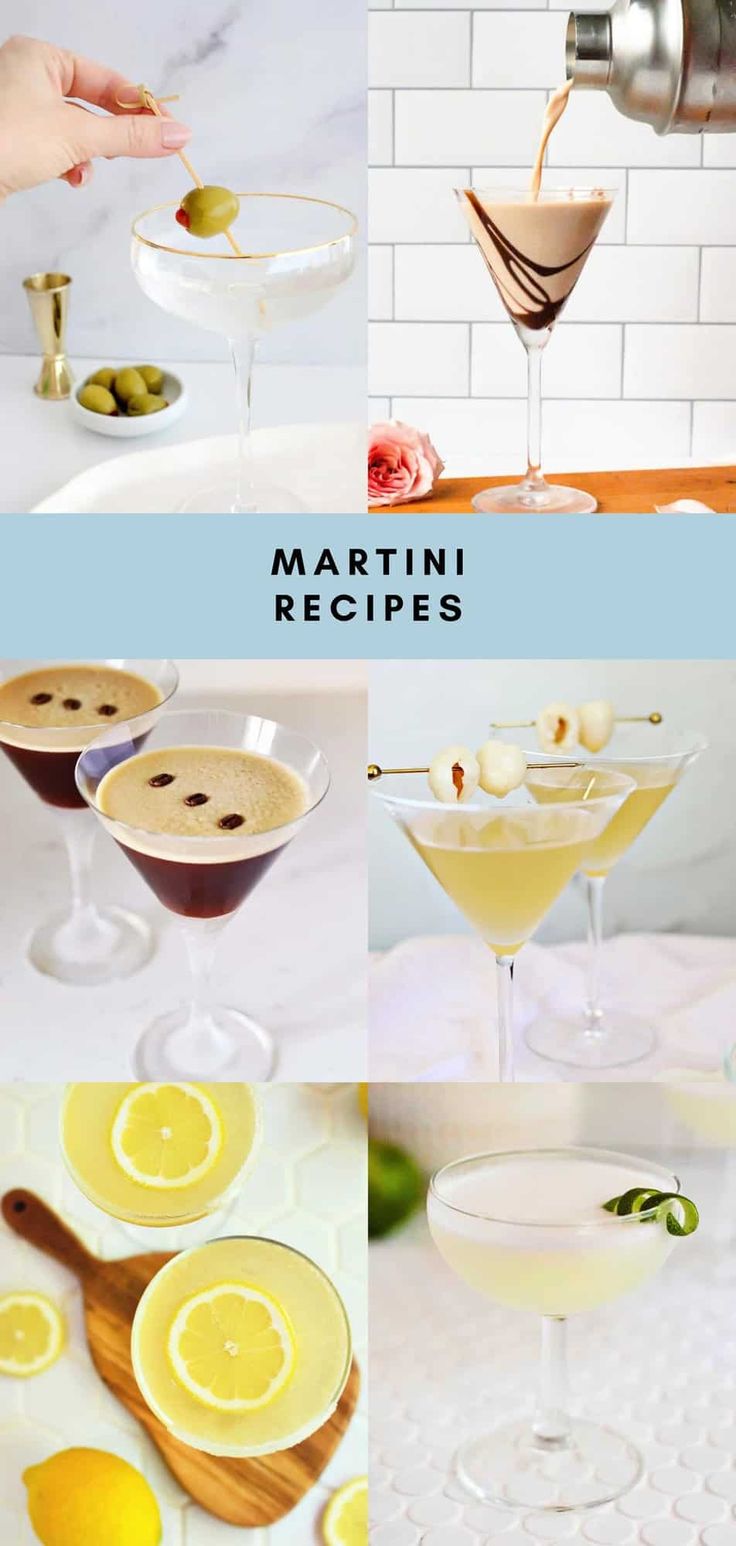 martinis with lemon slices and olives in them