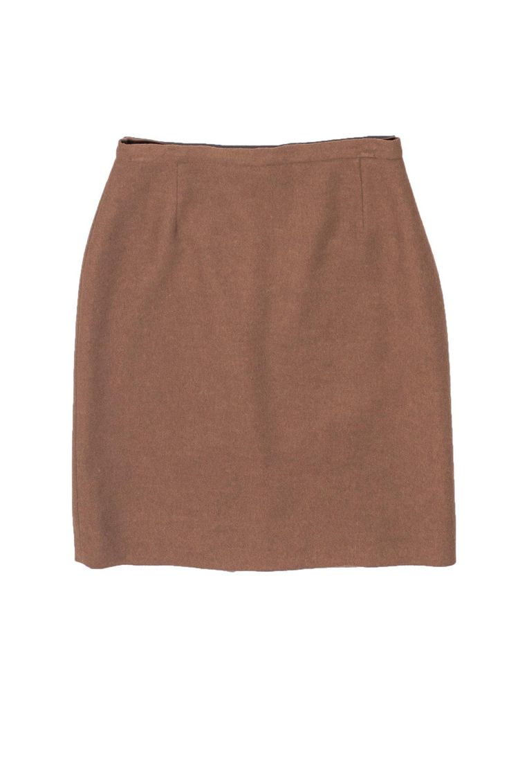 Current Boutique-Paule Ka - Tan Wool Blend Pencil Skirt Sz 6 Classic Wool Mini Skirt For Work, Classic Wool Pencil Skirt For Work, Fitted Wool Pencil Skirt, Fitted Wool Skirt For Work, Classic Fitted Wool Mini Skirt, Fall Beige Pencil Mini Skirt, Fitted Wool Skirt In Brown, Fitted Brown Wool Skirt, Classic Brown Wool Skirt