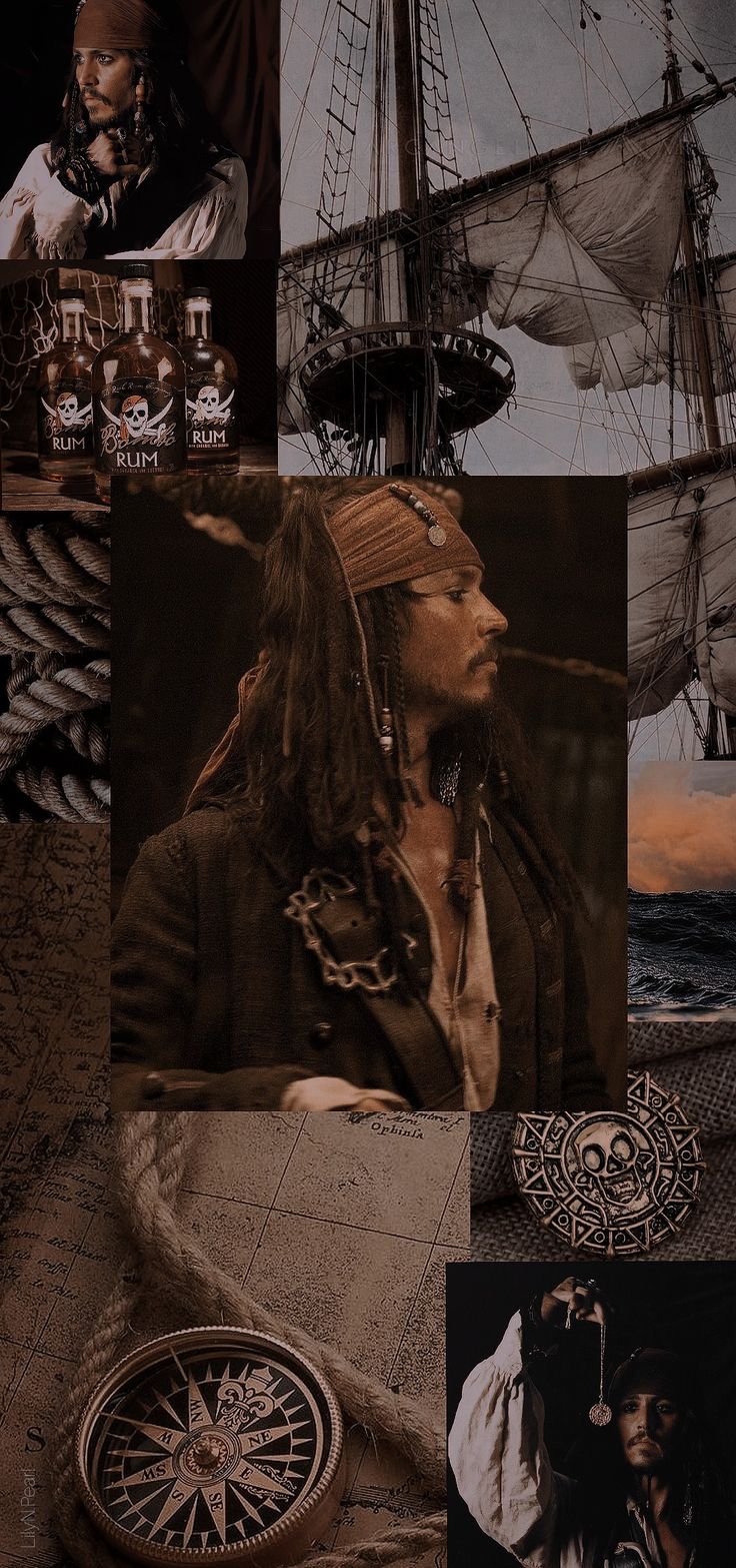 a collage of pirate images including a ship, compass and other things in the background