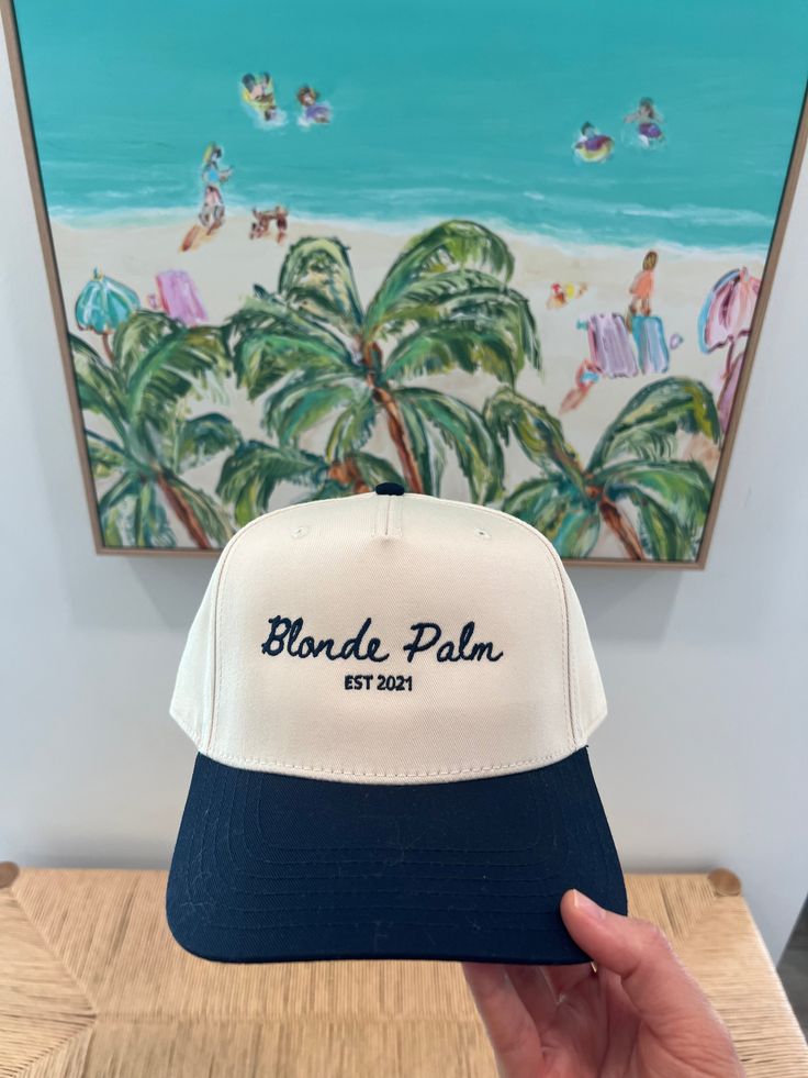 The perfect summer beach hat! This trucker hat is navy/natural with navy thread. Adjustable Navy Baseball Cap For Beach, Navy Adjustable Baseball Cap For Summer, Summer Flat Brim Baseball Cap For Beach, Navy Trucker Hat With Curved Brim, Summer Beach Snapback Hat With Flat Brim, Summer Snapback Hat With Flat Brim For Beach, Blue Snapback Hat For Beach And Summer, Cream Summer Trucker Hat One Size, Blue Snapback Hat For Beach Summer