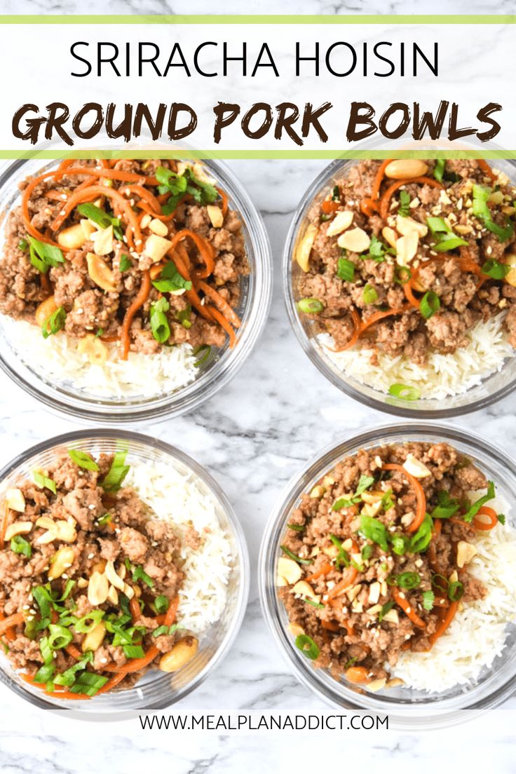 four glass bowls filled with ground pork and rice on top of a marble countertop