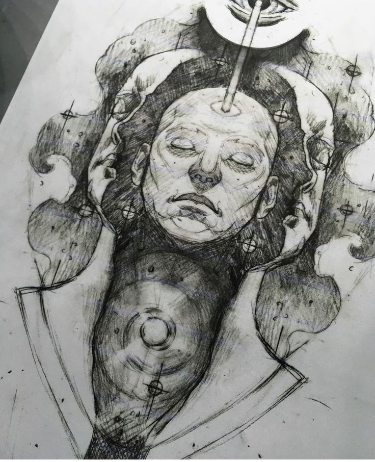 a drawing of a woman's face with an eye above her head