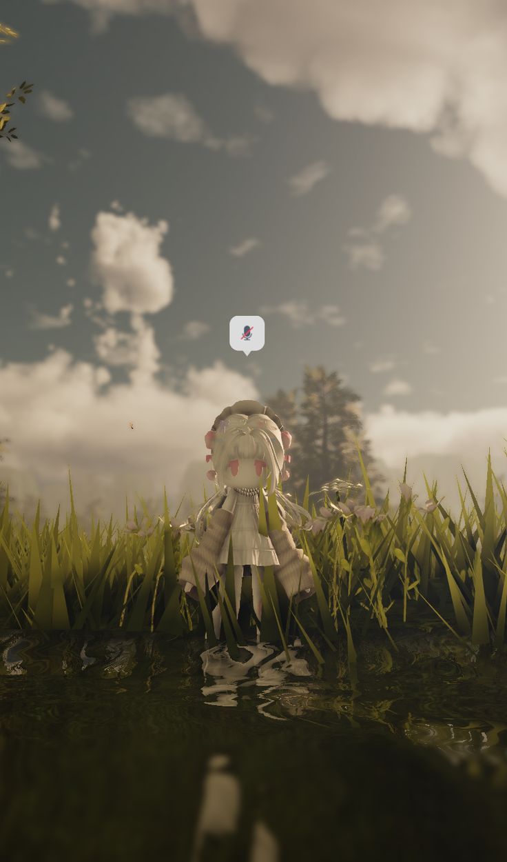 an image of a doll in the water with grass and clouds behind it that is floating