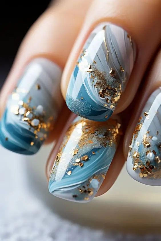 Nail Design For A Cruise, Ocean Nail Designs Sea, Ocean Gel Nails, Baby Blue And Gold Nails, 18th Nails, Blue Gel Polish, Nail Parlour, Beach Nail Designs, Sea Nails