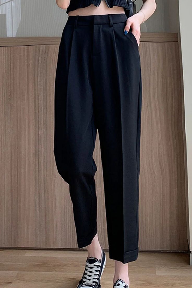 High Waist Pleated Ankle Length Long Pants – Tomscloth Solid Color Ankle-length Dress Pants With Elastic Waistband, Elastic Waistband Ankle-length Dress Pants, Solid Ankle-length Dress Pants With Elastic Waistband, Baggy Business Casual Pants, Baggy Solid Color Pants For Business Casual, Baggy Solid Pants For Business Casual, High Waist Solid Color Baggy Capris, Solid Color Baggy Pants For Business Casual, Black Relaxed Fit Ankle-length Capris