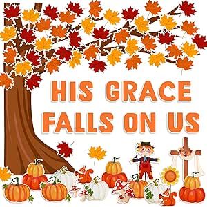 a poster that says his grace falls on us with fall leaves and pumpkins around it