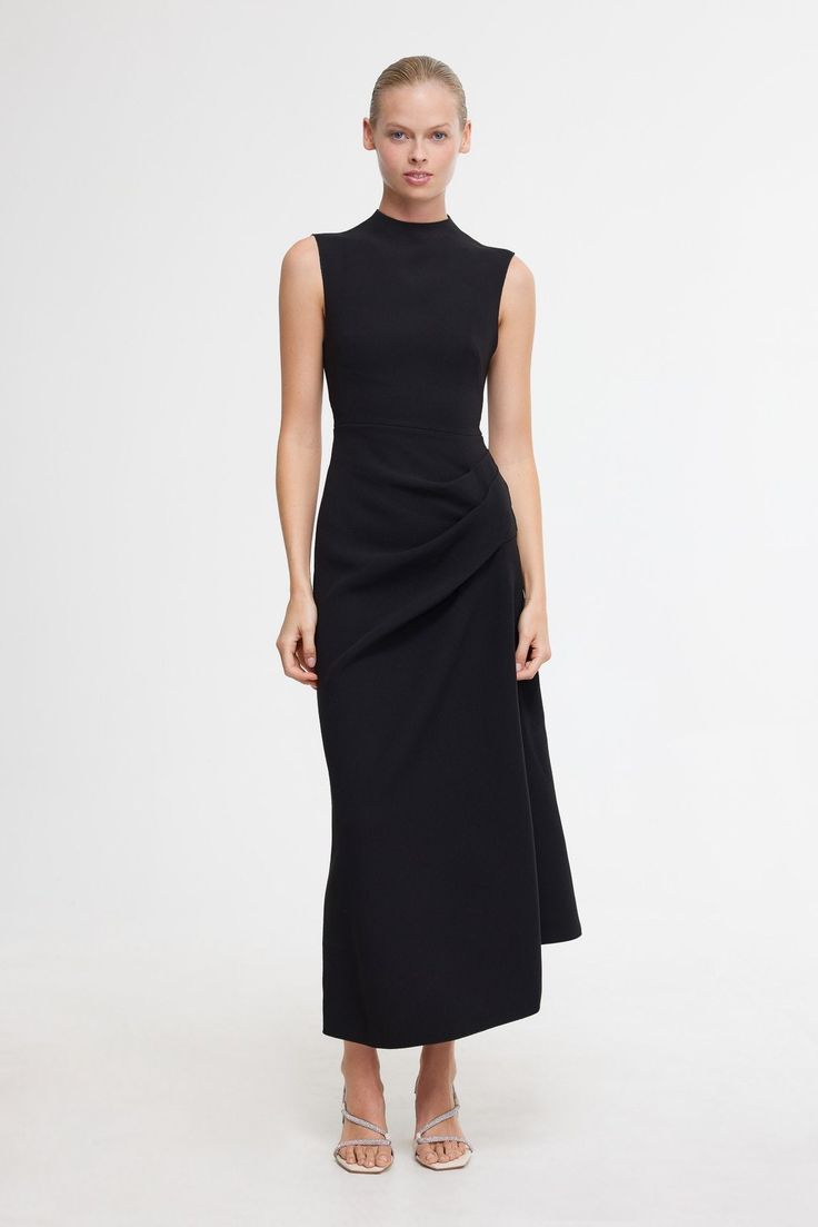 KEMPSEY MIDI DRESS – Acler Business Dresses Professional, Heels Outfit Ideas, Draping Design, Structured Dresses, Build Wardrobe, Lady Outfit, Basic Black Dress, Corporate Dress, Solace London