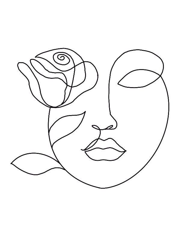 a line drawing of a woman's face with a rose in her hair and the shape of a mask