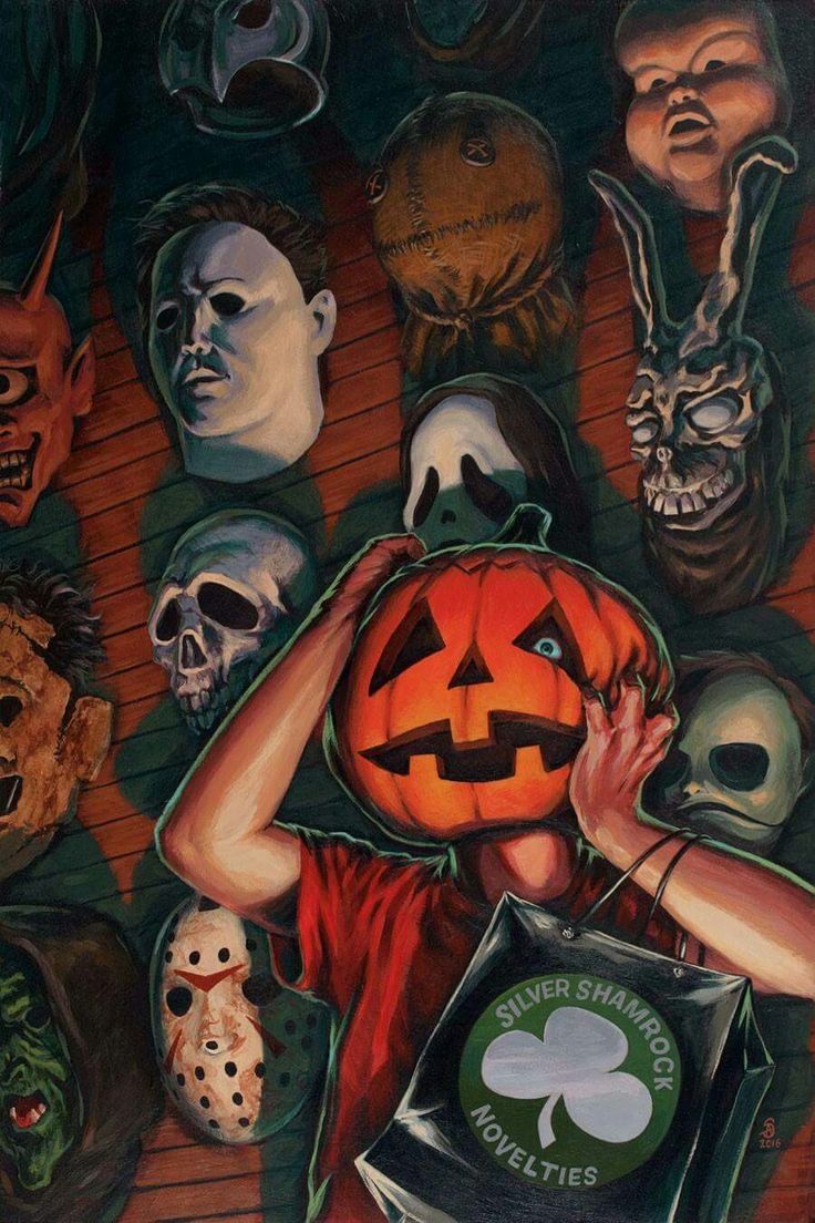 a painting of a person holding a pumpkin in front of many other halloween masks on the wall