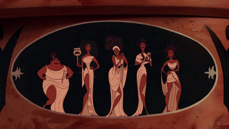 an ancient greek scene with four women dressed in white and orange dresses, holding torches