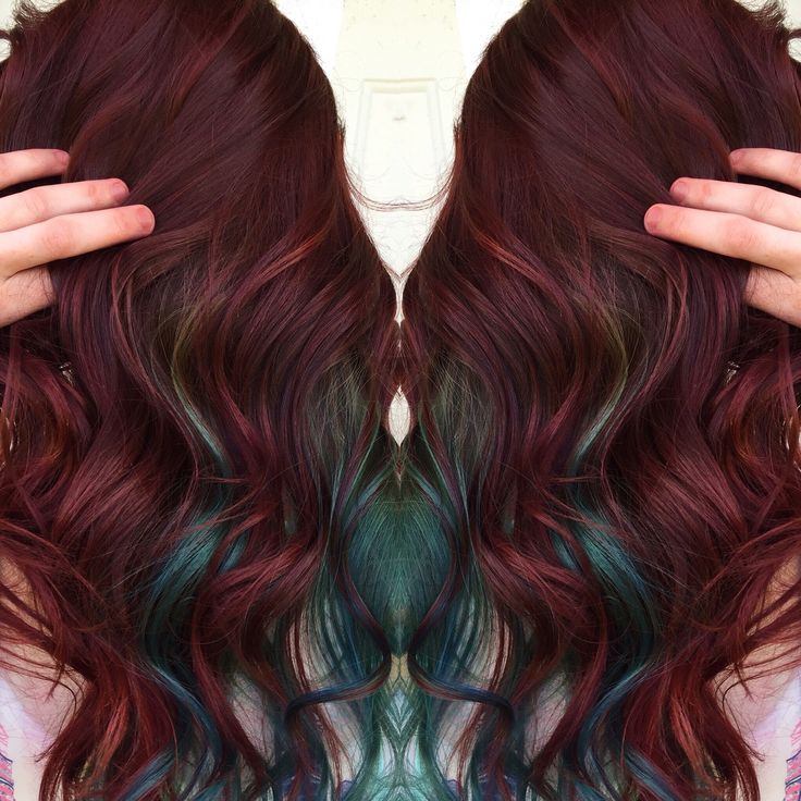 Burgundy hair color with teal peek-a-boos                                                                                                                                                                                 More Hair Color Peek A Boo, Purple Burgundy Hair Color, Purple Burgundy Hair, Burgundy Hair Color, Peekaboo Hair, Teal Hair, Hair Color Burgundy, Long Face Hairstyles, Dark Brown Hair Color