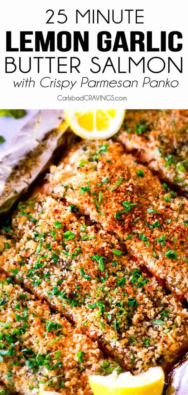 lemon garlic butter salmon with parsley parmesan on the side