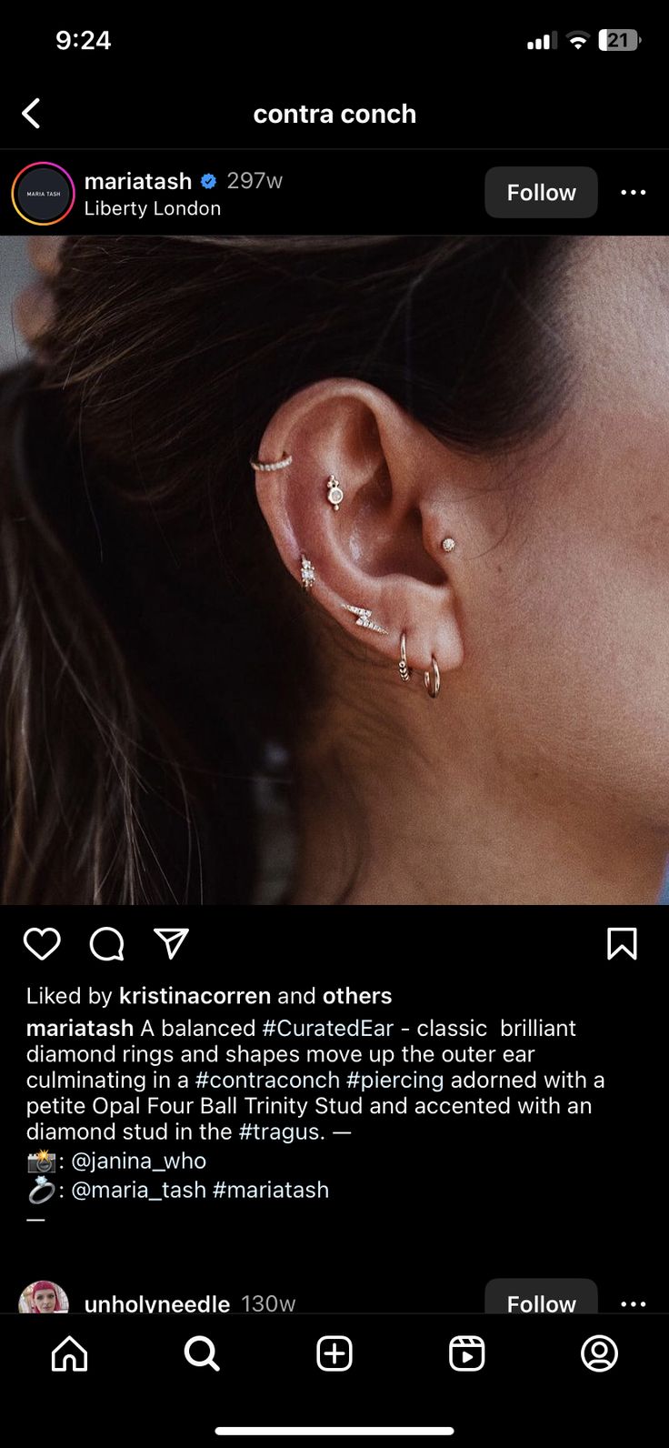 a woman with ear piercings on her left side and the words, i love you written