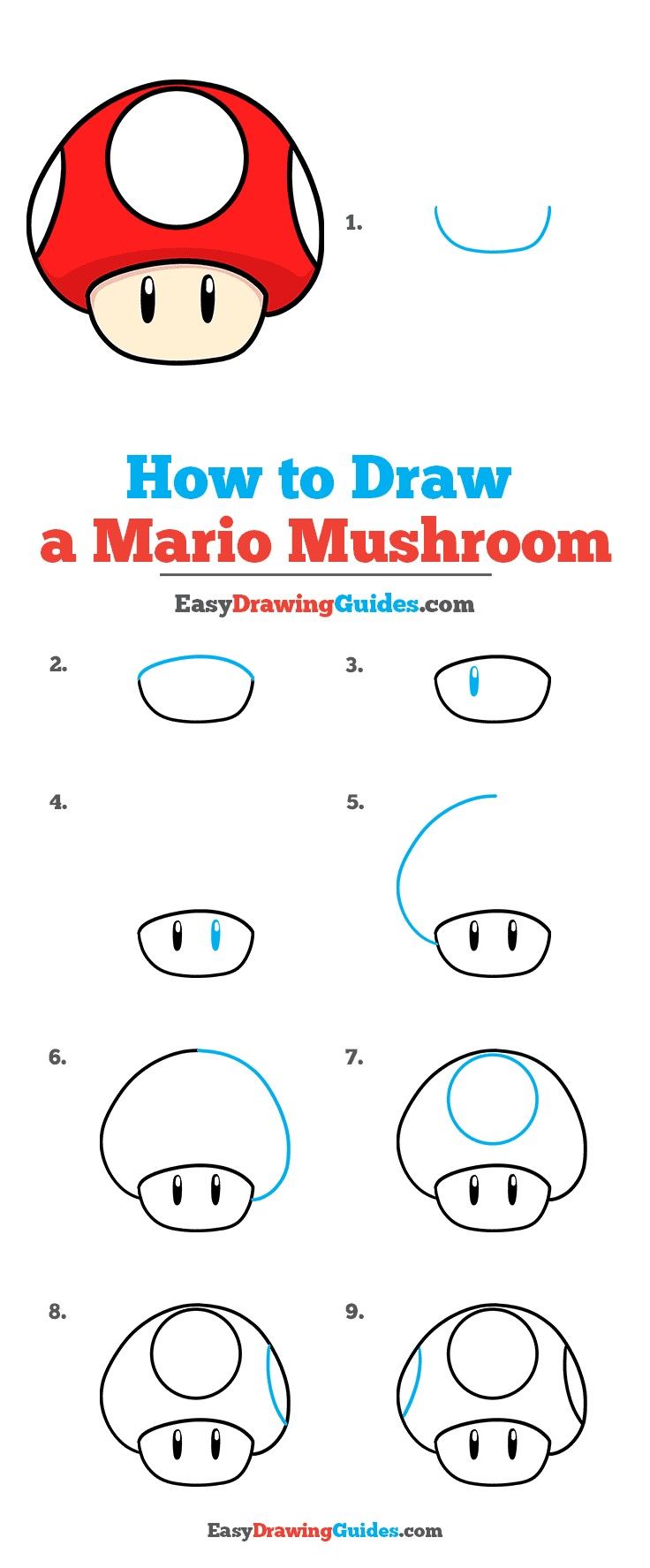 How to draw, mario, mushroom Mario Doodles Easy, Simple Mario Drawing, How To Draw Stuff Step By Step, How To Draw Mario Characters, Mario Mushroom Drawing, How To Draw Mario, Easy Drawing Guides, Mario Game, Easy Disney Drawings