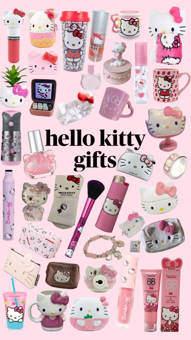 hello kitty gifts are displayed on a pink background