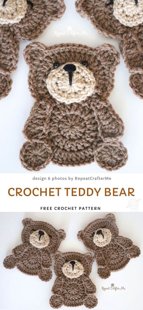 crochet teddy bear with three smaller bears in the middle and one on the bottom