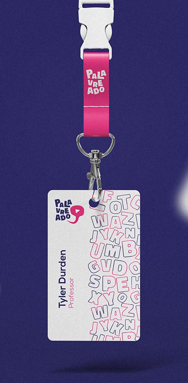 a pink and white luggage tag hanging from a metal hook on a purple background with letters