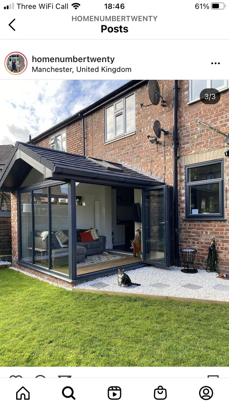 an image of a dog in front of a house with the caption on it