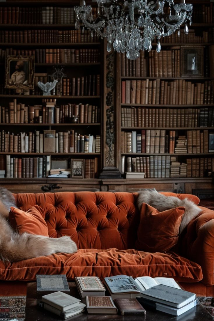 an orange couch in front of a book shelf with books on it and a chandelier hanging from the ceiling