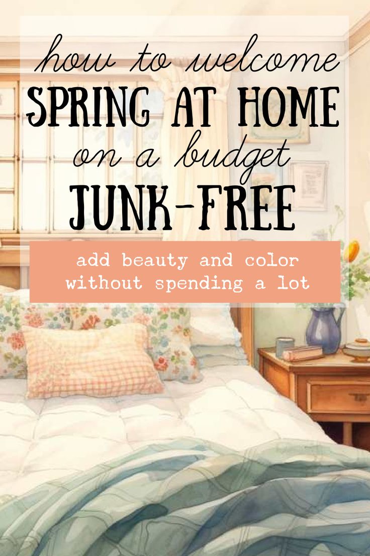 an image of a bedroom with the text how to welcome spring at home on a budget junk - free