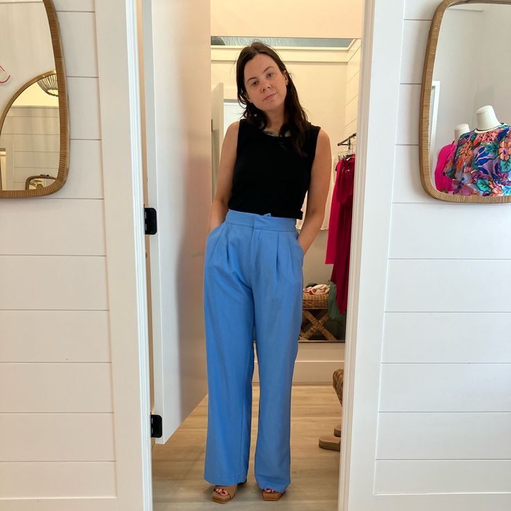 New With Tag & Never Worn (Just Me Trying On At The Store In The Picture)! Blue Wide Leg Pants With Pockets For Day Out, Light Blue Wide-leg Pants With Pockets, Blue Wide Leg Dress Pants For Summer, Light Blue Wide-leg Pants, Blue Business Casual Summer Bottoms, Blue Casual Wide-leg Dress Pants, Casual Blue Wide-leg Dress Pants, Blue High-waisted Wide Leg Pants For Business Casual, Blue Dress Pants With Pockets For Summer