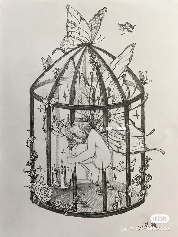 a drawing of a fairy in a cage